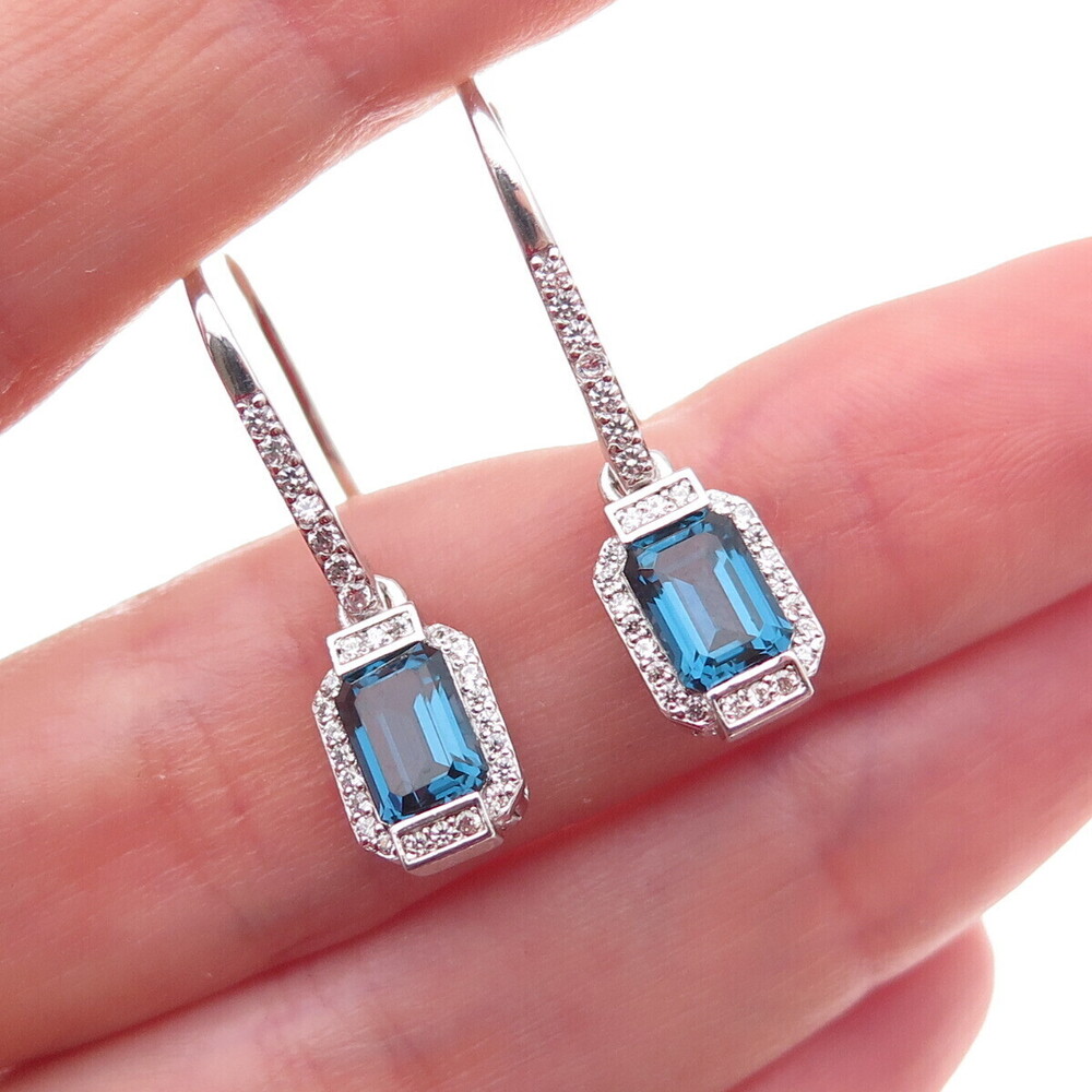 Han 925 Sterling Silver Blue & White C Z Dangle Earrings